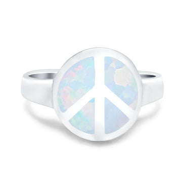 Peace Sign Ring Inlay Round Lab Created White Opal 925 Sterling Silver